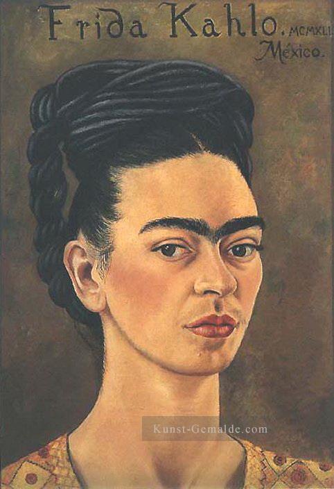 Selbstporträt in Rot und Gold Kleid Feminismus Frida Kahlo Ölgemälde